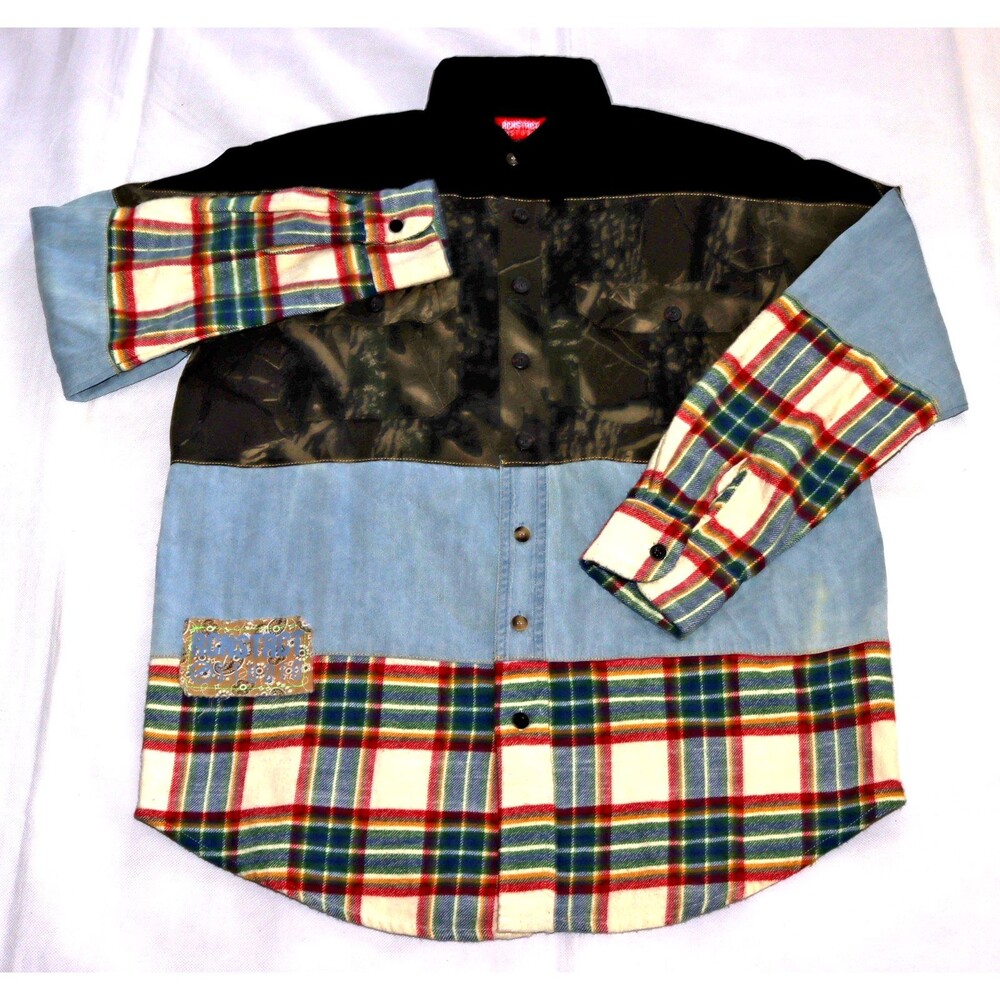RCNSTRCT Studio Vertical Mix Button Up Long Sleeve Distressed Shirt Size Medium